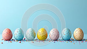 Colorful speckled easter eggs on a light blue background spring holiday festive decorative easter eggs decoration background