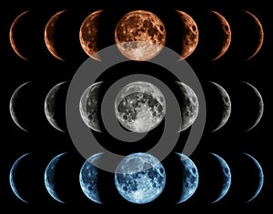 Seven phases of the moon isolated on black background. photo