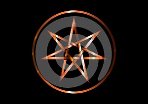 Seven point star or septagram, known as heptagram. Metal bronze Elven or Fairy Star, magical or wiccan witchcraft heptagram symbol