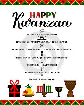 The Seven Principles of Kwanzaa sign. African American Holidays. Vector template for typography poster, banner, greeting photo