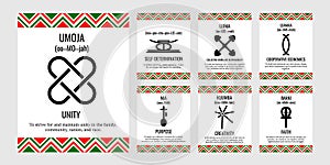 The Seven Principles of Kwanzaa signs. African American Holidays. 7 days of Kvanzaa set. Vector template for typography