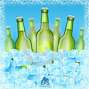 Seven realistic mock up green bottle of beer among ice cubes on blue background
