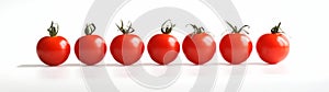 Seven red cherry tomatoes on a white background. Similarities and differences. Web banner