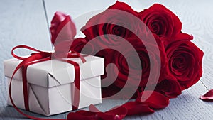 seven red roses with gift box on blue table and falling petals in slowmo