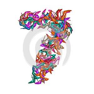 Seven, Set of numbers made of multicolored high heel shoes, woman footwear, 3d render on white background