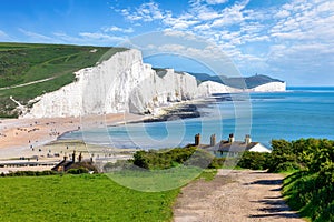The Seven Sisters Chalk cliffs and the coastguard cottages