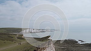 Seven Sisters, Clifftop Paths Nature Reserve View of the Chalk Cliffs and the English Channel sea from the edge. South of England