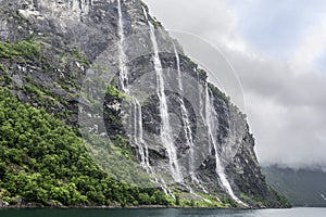 Seven Sisters Waterfall, fjord, Norway