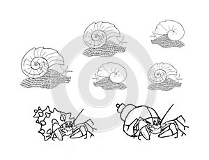Seven snails, colouring book page uncolored