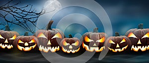 Seven spooky halloween pumpkin, Jack O Lantern, with an evil face and eyes on the grass with a misty night sky background with a