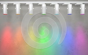 Seven spotlights shine on the wall with colored light rainbow colors. Creative conceptual illustration with copy space. 3D