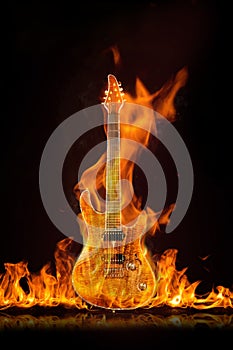 Seven-string guitar on fire