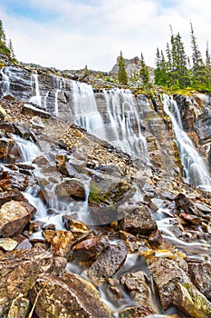 Seven Veils Falls at Lake O`Hara in the Canadian Rockies of Yoho National Park