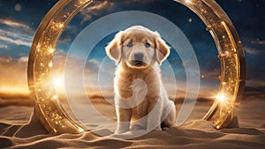 of Seven week old golden retriever puppy outdoors on a sunny day with glittering time clock