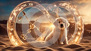 Seven week old golden retriever puppy outdoors on a sunset with mystical clock