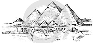 Seven Wonders of the Ancient World. Great Pyramid of Giza. The great construction of the Greeks. Hand drawn engraved