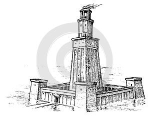 Seven Wonders of the Ancient World. Lighthouse of Alexandria. The great construction of the Greeks. Hand drawn engraved