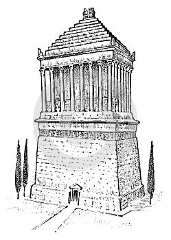 Seven Wonders of the Ancient World. Mausoleum at Halicarnassus The great construction of the Greeks. Hand drawn engraved