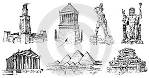 Seven Wonders of the Ancient World. Pyramid of Giza, Hanging Gardens of Babylon, Temple of Artemis at Ephesus, Zeus at