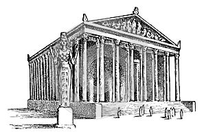 Seven Wonders of the Ancient World. Temple of Artemis at Ephesus. The great construction of the Greeks. Hand drawn photo