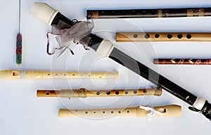 Seven wooden flutes and wooden recorders