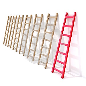 Seven wooden ladders leaning against a wall, one is red. 3D rendering