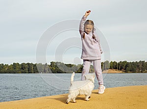 A seven-year-old girl with pigtails plays with a west highland white terrier on the beach near the lake.