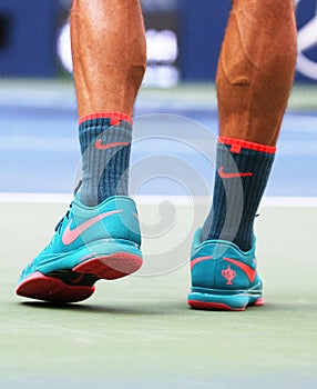 Seventeen times Grand Slam champion Roger Federer wears custom Nike tennis shoes during first round match at US Open 2015