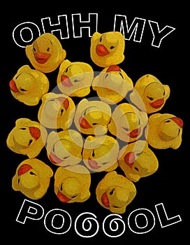 Seventeen yellow rubber ducks on the black background with the inscription Ohh my pool