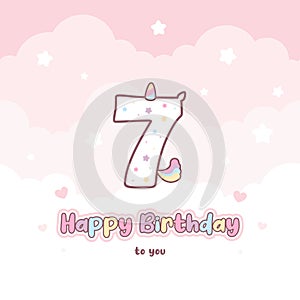 Seventh birthday greeting card with cute unicorn number