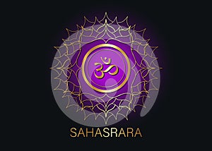 Seventh chakra Sahasrara logo template. Crown chakra symbol, Purple golden sacral sign meditation, yoga round mandala icon. Gold