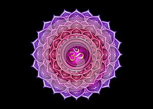 Seventh chakra Sahasrara logo template. Crown chakra symbol, Purple lotus sacral sign meditation, yoga gold round mandala icon