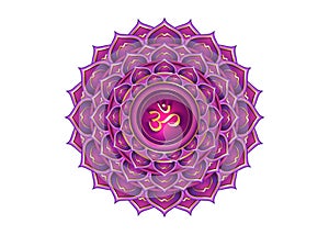 Seventh chakra Sahasrara logo template. Crown chakra symbol, Purple lotus sacral sign meditation, yoga gold round mandala icon