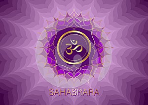 Seventh chakra Sahasrara logo template. Crown chakra symbol, Purple lotus sacral sign meditation, yoga round mandala icon. Gold