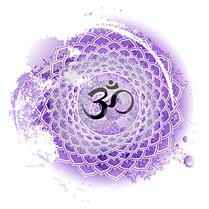 Seventh crown chakra Sahasrara on purple watercolor background