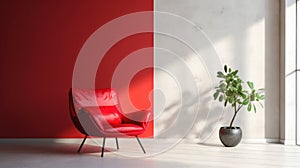 Seventies red chair in modern bright interiors apartment Living room mockup illustration 3D rendering computer generated image.