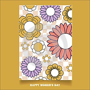 Seventies retro Flower Power background with hippie flowers. International Womens day Greetings. 8th March Day. Mothers