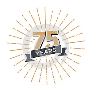 Seventy five anniversary retro vector emblem isolated template. Vintage logo seventy-fifth 75th years with ribbon and fireworks on