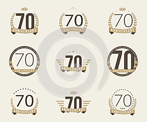 Seventy years anniversary celebration logotype. 70th anniversary logo collection.