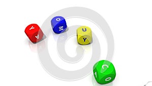 Several 3D multicolour dices rolling against a white background