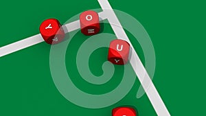 Several 3D red dices rolling into a casino environment