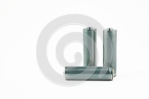 Several AA batteries in perspective closeup view on white background