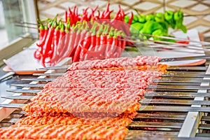 Several Adana Kebab skewers lined up