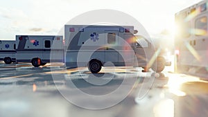 Several ambulances are waiting for a call. Concept of emergency medical services. 3D Rendering
