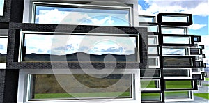 Several apartment buildings standing one behind other. Cloudy blue sky. Ecologicaly clean region. 3d rendering photo