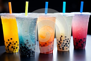 Several big plastic cups of fruit bubble tea in a row. Popular asian tapioca teenagers drink.