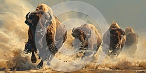 several bison running on the desert, mist