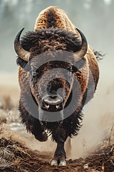 several bison running on the desert, mist