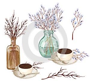 Several blooming and dried twigs in a glass vase and a cup of coffee. Watercolor illustration of morning coffee isolated on white