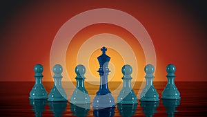 Several blue Chess Pawns lined up with the Chess King at the forefront, the concept of leadership in an organization